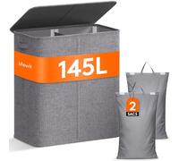 Lifewit Panier à Linge avec Couvercle, Grand Corbeille à Linge avec Poignées, Bac Linge Sale avec Sacs Amovibles, Bac Pour Chambre, Salle de Bain, Buanderie, 2 Compartiments, 145 L, Gris Clair