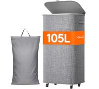 Lifewit Panier a Linge Sale avec Couvercle et Roulettes, Corbeille Linge Pliable avec Sac Amovible, Bac Linge, Laundry Basket pour Chambre, Salle de Bain, Buanderie, 105L, Gris Clair