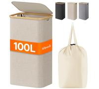 Lifewit Panier a Linge Sale avec Couvercle, Grand Corbeille Linge Pliable en Bambou avec Sac Intérieur, Panière Linge, Laundry Basket pour Chambre, Salle de Bain, Buanderie, 100 L, Beige