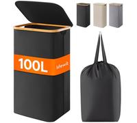 Lifewit Panier a Linge Sale avec Couvercle, Grand Corbeille Linge Pliable en Bambou avec Sac Intérieur, Panière Linge, Laundry Basket pour Chambre, Salle de Bain, Buanderie, 100 L, Noir