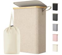 Lifewit Panier Linge Extra Plat, Paniere Linge Sale avec Couvercle, Corbeille a Linge Bambou avec Sac Amovible et Poignée, Bac Linge Etroit pour Chambre, Salle de Bain, Buanderie, 50 L, Beige