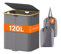 Lifewit Panier Linge Extra Plat, Paniere Linge Sale avec Couvercle, Corbeille a Linge Bambou avec Sac Amovible et Poignée, Bac Linge Etroit pour Chambre, Salle de Bain, Buanderie, 120 L, Gris