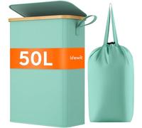Lifewit Panier Linge Extra Plat, Paniere Linge Sale avec Couvercle, Corbeille a Linge Bambou avec Sac Amovible et Poignée, Bac Linge Etroit pour Chambre, Salle de Bain, Buanderie, 50 L, Bleu Vert