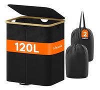 Lifewit Panier Linge Extra Plat, Paniere Linge Sale avec Couvercle, Corbeille a Linge Bambou avec Sac Amovible et Poignée, Bac Linge Etroit pour Chambre, Salle de Bain, Buanderie, 120 L, Noir