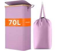 Lifewit Panier Linge Extra Plat, Paniere Linge Sale avec Couvercle, Corbeille a Linge Bambou avec Sac Amovible et Poignée, Bac Linge Etroit pour Chambre, Salle de Bain, Buanderie, 70 L, Violet