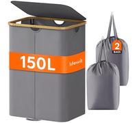 Lifewit Panier Linge Extra Plat, Paniere Linge Sale avec Couvercle, Corbeille a Linge Bambou avec Sac Amovible et Poignée, Bac Linge Etroit pour Chambre, Salle de Bain, Buanderie, 150 L, Gris