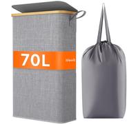 Lifewit Panier Linge Extra Plat, Paniere Linge Sale avec Couvercle, Corbeille a Linge Bambou avec Sac Amovible et Poignée, Bac Linge Etroit pour Chambre, Salle de Bain, Buanderie, 70 L, Gris Clair