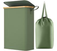Lifewit Panier Linge Extra Plat, Paniere Linge Sale avec Couvercle, Corbeille a Linge Bambou avec Sac Amovible et Poignée, Bac Linge Etroit pour Chambre, Salle de Bain, Buanderie, 50 L, Vert