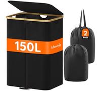Lifewit Panier Linge Extra Plat, Paniere Linge Sale avec Couvercle, Corbeille a Linge Bambou avec Sac Amovible et Poignée, Bac Linge Etroit pour Chambre, Salle de Bain, Buanderie, 150 L, Noir