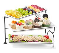 Lifewit Plateau de Service avec 3 Plats, Plateau Repas Amovible, Grand Plateau Plastique Rectangulaire 36 × 17cm, Presentoir Aperitif Buffet, Présentoir à Gâteaux, Panier Fruits, Support en Métal Noir