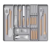 Lifewit Range-Couverts pour Tiroir, Plateau à Couverts Extensible avec Bloc à Couteaux Amovible, Rangement Vaisselle Cuisine, Organisateur Cuillère et Fourchette, Profondeur 40 cm, Lot de 1, Gris