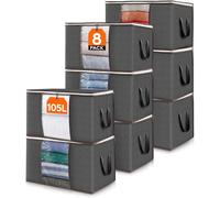 Lifewit Sac de Rangement Vetement, Boite Rangement Pliable, Rangement Sous Lit, Housse Rangement Couette pour Vêtements, Couvertures, Demenagement, Gris, 105 L, Lot de 8