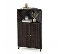 LIFEZEAL Armoire de Jardin en Rotin, Armoire Angle avec Étagères, Placard à 2 Portes, Cadre Métallique Robuste, Desserte à roulettes pour Balcon, Patio, Terrasse, Bord de Piscine, 66 x 47 x 111 cm