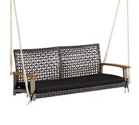 LIFEZEAL Balançoire de Jardin Extérieure 2 Places, Balancelle Suspendue avec Coussin et Cordes, Dossier en Rotin PE & Accoudoirs en Bois, Charge 360 kg, Balcon, Terrasse, Porche (Noir)
