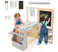 LIFEZEAL Bureau Enfant avec Banc, Tableau Double Face Réglable en Hauteur, 3 Etagères, Bibliothèque, Rouleau de Papier, Table à Dessin Bois Montessori, Garçon Fille 3+ ans, Charge 50 kg (Gris+Naturel)