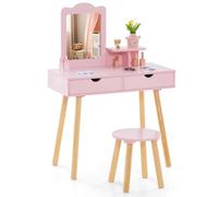 LIFEZEAL Coiffeuse Enfant 2 en 1 avec Miroir Amovible et Tabouret, Table de Maquillage Bois avec 2 Tiroirs et Étagère, Chambre d’Enfant, Fille 3-7 Ans, Charge 40kg/20kg (Rose)