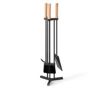 LIFEZEAL Ensemble de cheminée de 4 pièces design, kit d'ustensiles de cheminée avec tisonnier, pelle, brosse et base de support, ustensiles pour bois d'intérieur et d'extérieur avec poignée en bois