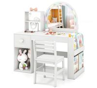 LIFEZEAL Ensemble de Coiffeuse 2 en 1 pour Enfants, Coiffeuse Princesse avec Miroir LED et Tabouret, Coiffeuse en Bois avec tiroir et étagère, Ensemble de Coiffeuse pour Filles 3 Ans et Plus (Blanc)