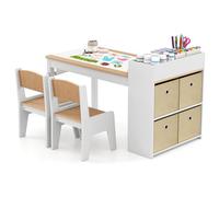 LIFEZEAL Ensemble Table Enfant avec 2 Chaises, Bureau avec 4 Paniers de Rangement, 4 Compartiments, Table à Dessin avec Rouleaux de Papier, Charge 60/50 kg, Garçon Fille 3+ Ans (Naturel)