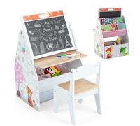 LIFEZEAL Ensemble Table Enfant et Chaise, Table à Dessin avec Tableau Double Face et Espace de Rangement, Bureaux en Bois avec Bibliothèque pour Enfants 3-6 Ans, Charge de 50/10 kg (Blanc)