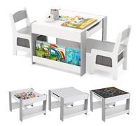 LIFEZEAL Ensemble Table et 2 Chaises pour Enfant, Table Dessin avec Tableau Double Face Amovible & 2 Etagères et Chaise avec Tiroir pour Fille Garçon 3-6 Ans (Gris1)