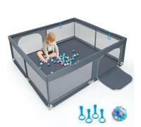 LIFEZEAL Grand Parc Bébé 200x180x68cm en Tissu Oxford avec Ventouses Antidérapantes, Cour de Jeu Bebe avec 50 Balles et 4 Anneaux, Centre d'Activité pour Enfants (Gris)