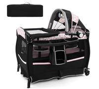 LIFEZEAL Lit Bébé avec Matelas, Auvent Réglable, Boîte de Musique, Table à Langer, Lit Pliable Bebe avec Sac de Rangement, Lit de Voyage à Roulettes, Charge 15 kg, 0-36 Mois (Noir2)
