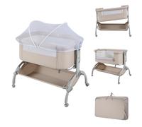 LIFEZEAL Lit Bébé Evolutif Pliable, Cododo Bébé Réglable en 7 Hauteur Beige | Lit Bébé avec Sac de Rangement, Berceau en Tissu Oxford avec Matelas et Roues Universelles, Charge de 9 KG, 95x65x73,5-85,5CM