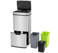 LIFEZEAL Poubelle de Cuisine 72 L, Poubelle Recyclage en Acier Inoxydable Automatique à Capteur, Tri Sélectif 2 Niveaux avec Bacs, Roulettes, Fermeture Douce, pour Cuisine, Salon (Argenté)
