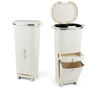 LIFEZEAL Poubelle de Cuisine avec Couvercle, Poubelle de Tri avec 2 Seaux Amovibles et Tiroir, Bac à Tri avec Pédale et Roulettes pour Salon, Cuisine (Beige, 42L|1 couvercle, 3 niveaux)
