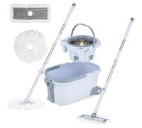 LIFEZEAL Seau et Balai à Franges, Balai Rotatif 360° avec Manche Télescopique, Seau 2 Compartiments et Essoreuse, Set de Nettoyage pour Sols (1 x Ensemble de balais à Franges + 6 Mops Ronds)