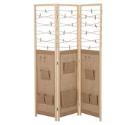 LIFEZEAL Séparateur à 3 panneaux en bois massif et tissu, monté | Paravent intérieur pliable avec 8 poches, 4 crochets, 20 pinces, mur de séparation, séparateur d'espace
