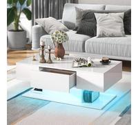 LIFEZEAL Table Basse avec Éclairage LED, Table de Salon Brillante avec 20 Couleurs et Télécommande, Table Basse Moderne avec 2 Tiroirs, 110 x 60 x 40 cm, pour Salon, Bureau (Blanc)