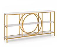 LIFEZEAL Table Console, Meuble d'Entrée à 3 Étages, Table d'Appoint Étroite avec Pieds en Métal, 180 x 30 x 90 cm, pour Salon, Couloir, Entrée (Blanc + Doré)