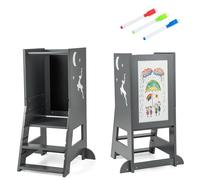 LIFEZEAL Tour d’Observation Enfant en Bois, 3 Hauteurs Réglables, Traverse de Sécurité, Tour Apprentissage Montessori, Tableau Double Face, 3 Stylos, Marche Pied 37x50x87 cm, Charge 70 kg (Gris)