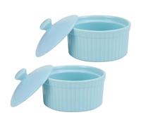 LIFKICH 2 Pièces Ramequin Bleu 125ml Couvercle, en Céramique Bol à Pudding | Surface Lisse Polie, Design Antidérapant, Forme Résistante, pour Dessert, Crème Glacée, la Cuisine Domestique