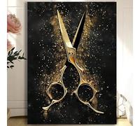 LIFKNVN Décoration murale tendance pour salon de coiffure : tableaux de barbier sur toile noire et or, affiches représentant des outils de coupe de cheveux (80 x 120 cm/cadre intérieur).