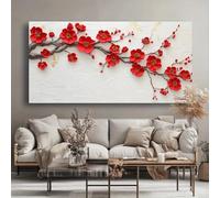 LIFKNVN Peinture abstraite moderne de grande taille représentant une fleur de prunier rouge, affiche de paysage, impression sur toile, pour salon (55 x 110 cm, cadre intérieur)