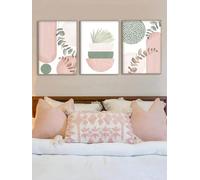 LIFKNVN Peinture murale sur toile rose, affiche abstraite, art mural bohème, images géométriques, impressions d'art, fleurs, feuilles vertes, affiches nordiques, salon, 60x80cmx3, sans cadre