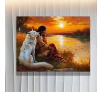 LIFKNVN Tableau sur toile représentant une femme amérindienne et un loup blanc, avec un coucher de soleil sur la rivière, idéal pour la décoration du salon ou de la chambre (20 x 30 cm/sans cadre)