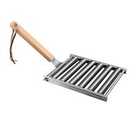 LIFKOME Rouleau à Saucisses en Acier Inoxydable Argenté pour Grill | Portable et Réutilisable, Usage Cour et Jardin, Cadre en Bois et Métal