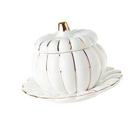 LIFKOME SoupièRe Citrouille CéRamique Avec Couvercle Bol Unique Et Plateau De Tasse Blanc 14Cm Compatible Micro-Ondes Four Lave-Vaisselle Pour DéCoration Automne Et Cuisine