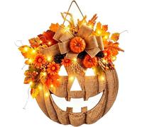 Lighted Burlap Pumpkin Wreath, Fall Harvest Home Decor(A) | Artificial Autumn Wreath with LED Light, Farmhouse Front Door Decor, Harvest Thanksgiving Welcome Garland For Halloween Xmas