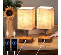 Lightess 2pcs Lampe de Chevet Bois Lampe de Chevet Tactile 3 Intensité USB Avec Ampoule E14 Abat-jour En Tissu Lampes De Table pour Chambre Bar Salon Hotêl Café Enfant Salon Bureau (Blanc Chaud) Carré
