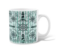 Lighthouse Tasse à café en céramique avec boussole côtière nautique avec poignée Idéal pour les amis, la famille, les amoureux, les personnes âgées, les collègues seniors, bleu sarcelle, 325 ml