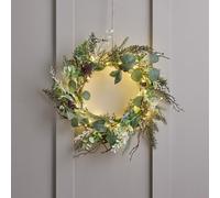 Lights4fun Couronne de Noël Pré-Éclairée avec Feuillage Artificielle et Baies Dorées de 40 cm avec 50 LED Blanc Chaud à Piles et Minuterie Décoration de Noël Déco pour Intérieur