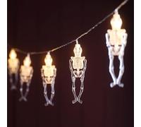 Lights4fun Guirlande Halloween avec 10 Squelettes Plastique Transparent - LED Blanc Chaud - à Piles avec Minuterie 6h - Articulations Mobiles, Déco Intérieure Soirées, Fenêtres, Bibliothèques - 1,8 m