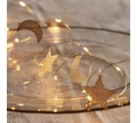 Lights4fun Guirlande Lumineuse avec 20 Micro LED Blanc Chaud avec Etoiles et Lunes d’Or à Piles pour Intérieur Décoration du Ramadan