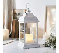 Lights4fun Lanterne Décorative Blanche de 30 cm Finition rustique avec Bougie LED Blanc Chaud Flamme Vacillante à Piles avec Minuterie Déco pour Intérieur