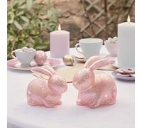 Lights4fun Lot de 2 Déco Lapin Rose Pastel Moucheté de Pâques avec 20 Micro LED Blanc Chaud à Piles pour Intérieur